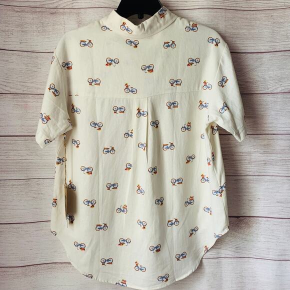 Rae Dunn Women's Linen Bicycle Pattern Button Up Shirt Short Sleeve Collar Large - Picture 5 of 16